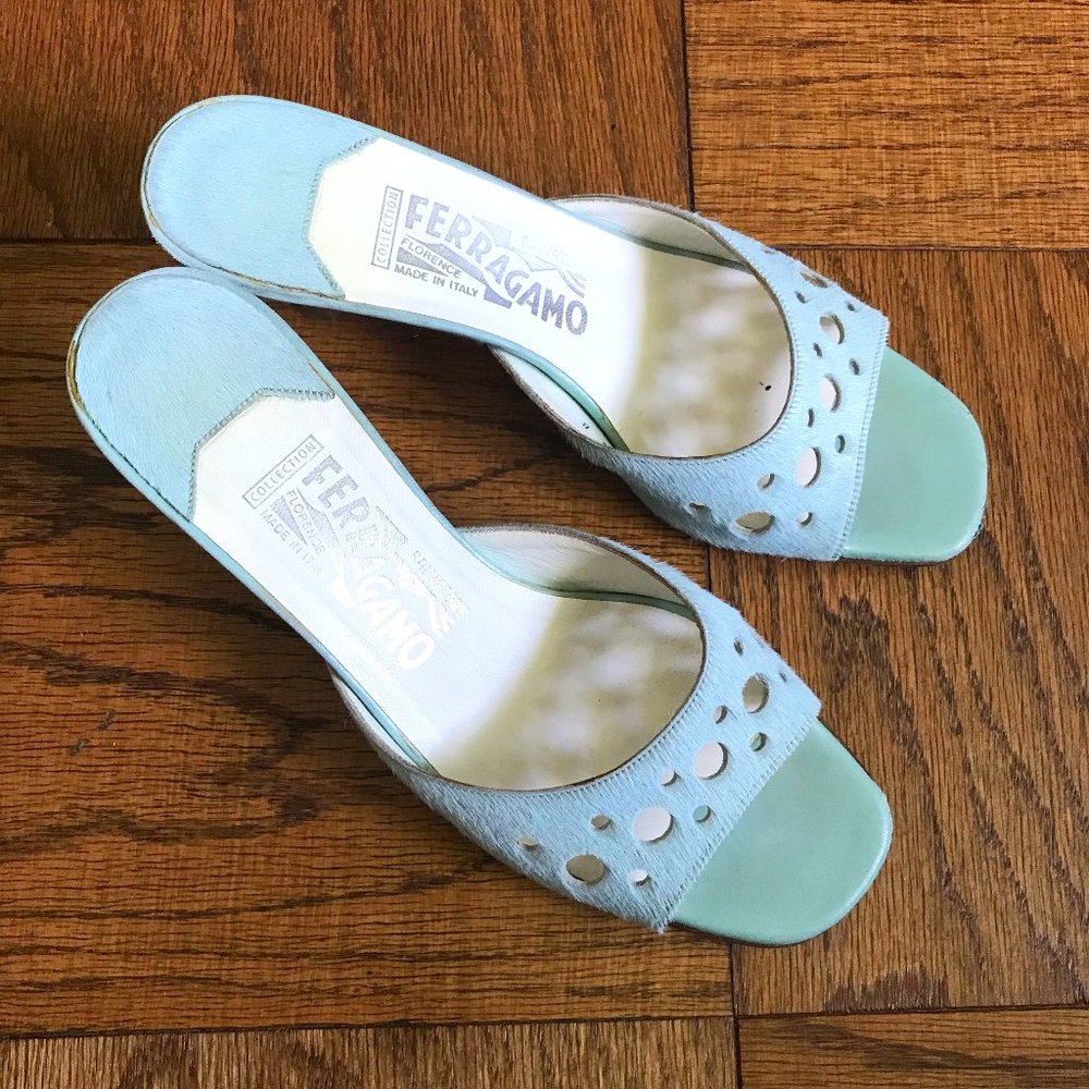{baby blues} Ferragamo horsehair slides
